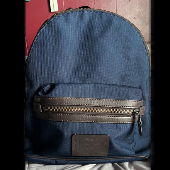Coach | Bags | Coach Academy Backpack Navy Blue Canvas Brown Leather |  Poshmark